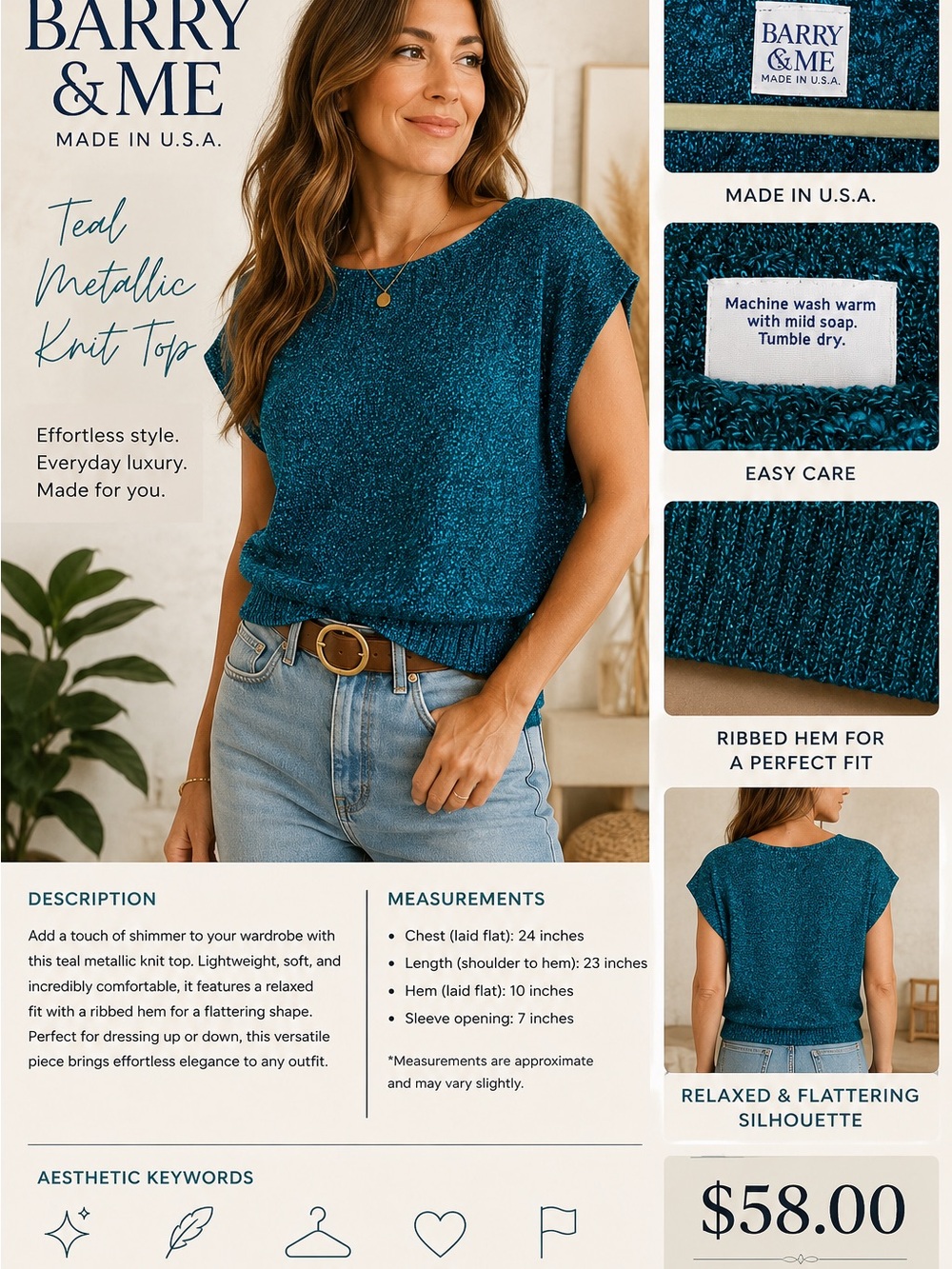 Crewneck Short-Sleeve Teal Marled Sweater